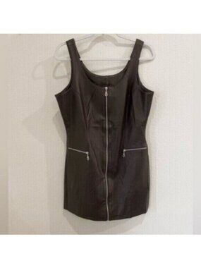 Vintage Faux Leather Zip Mini Dress Boho  Brown Moto Neutral Chic